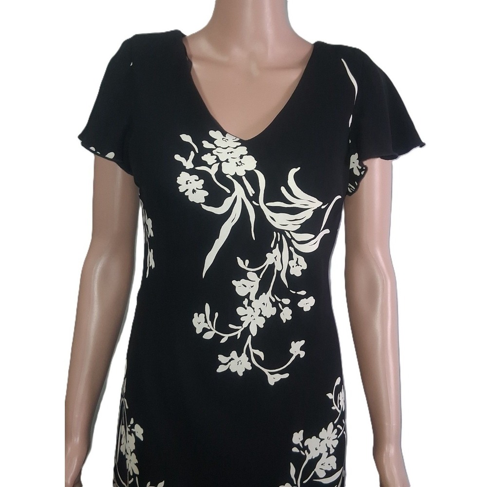 S.L. Fashions Black and White Floral Tiered Dress with Flutter Sleeves Size 6